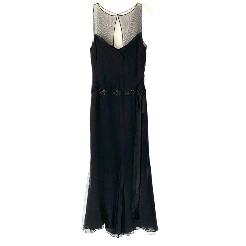 Vera Wang White Gold Label Black Silk Mesh Gown size 2 Beaded Waist Bow